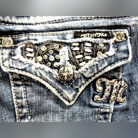 Miss Me Ankle Skinny Jeans,Women Blue Denim+Silver Studs,Distressed,Pockets, 26 - Picture 5 of 14